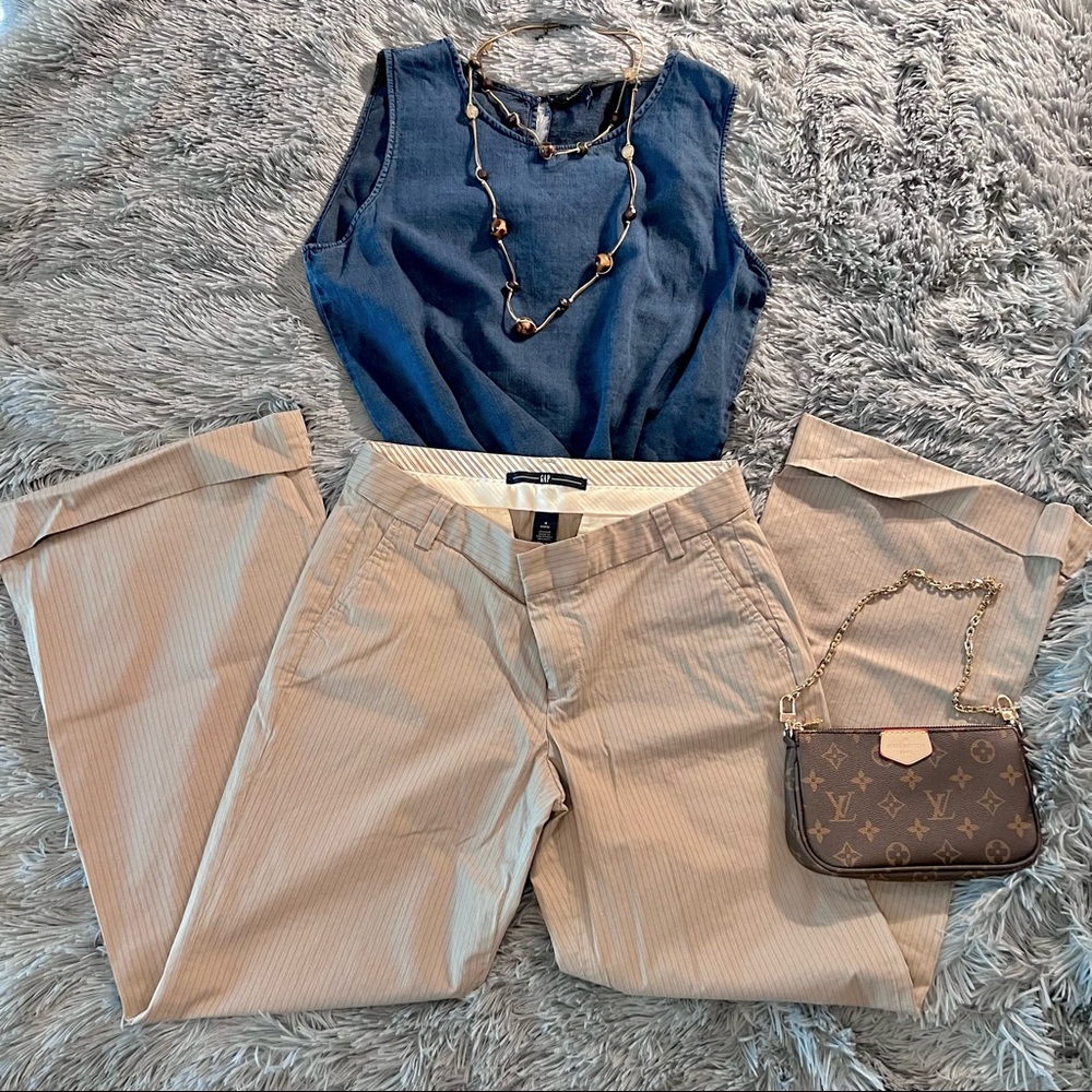 GAP - wide leg tan with brown and blue/grey stripes cuffed pants (4A)